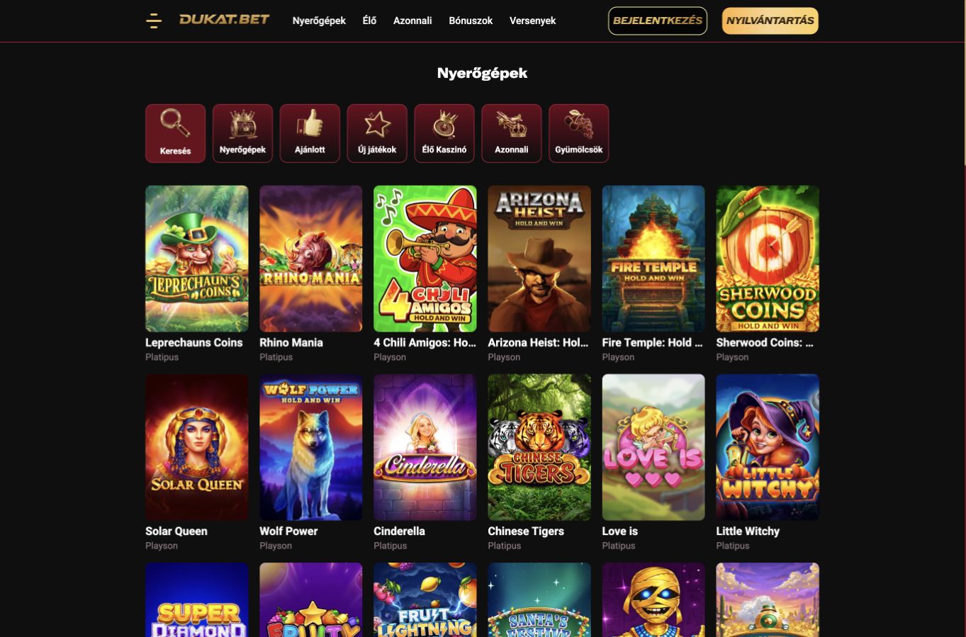 The Dukat.bet slot catalogue shown in Hungarian.